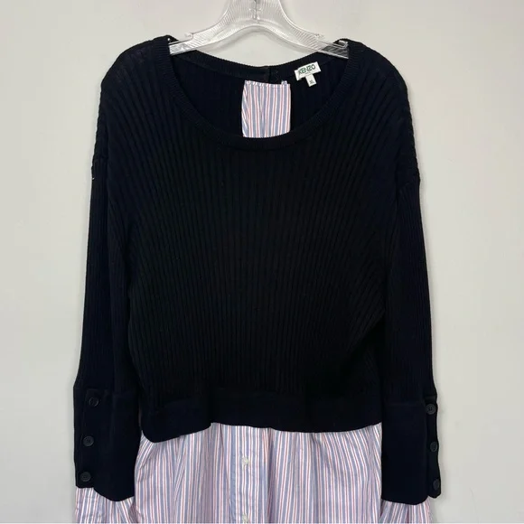 KENZO PARIS LAYERED RIBBED COTTON BLEND KNIT AND COTTON POPLIN SWEATER SHIRT XL - Picture 6 of 16